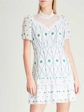 Sandro Paris White & Green Lace Yoke Puff Sleeve Dress